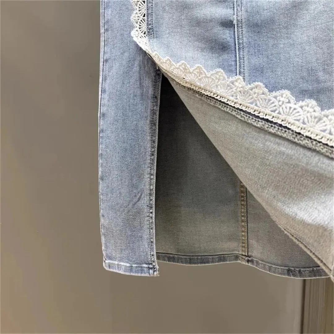 Womens Denim Skirts Spliced Lace Edge Split A-Line High Waist Jean Long Skirt with Pockets