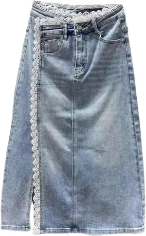 Womens Denim Skirts Spliced Lace Edge Split A-Line High Waist Jean Long Skirt with Pockets