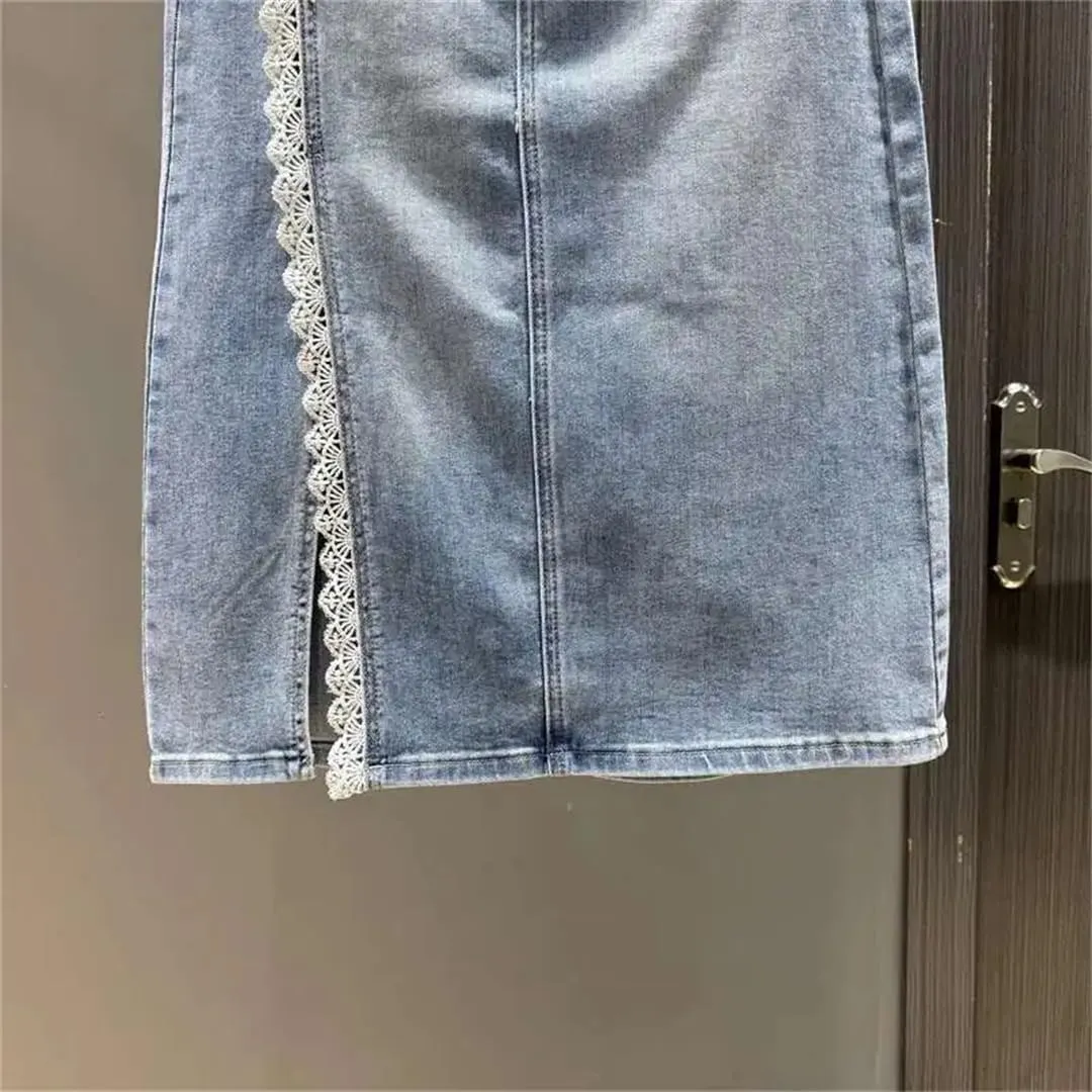 Womens Denim Skirts Spliced Lace Edge Split A-Line High Waist Jean Long Skirt with Pockets
