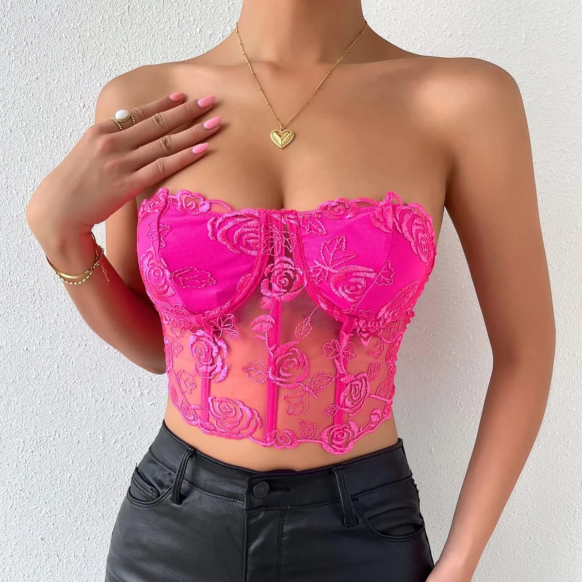Women's Embroidered Floral Corset Crop Top Strapless Tube Top Boned Mesh Bustier Clubwear