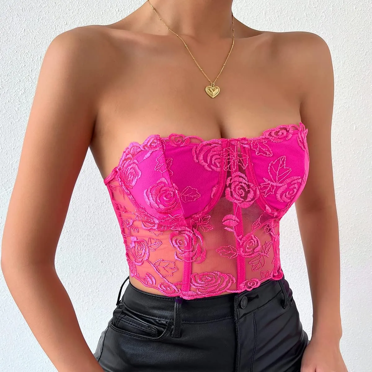 Women's Embroidered Floral Corset Crop Top Strapless Tube Top Boned Mesh Bustier Clubwear