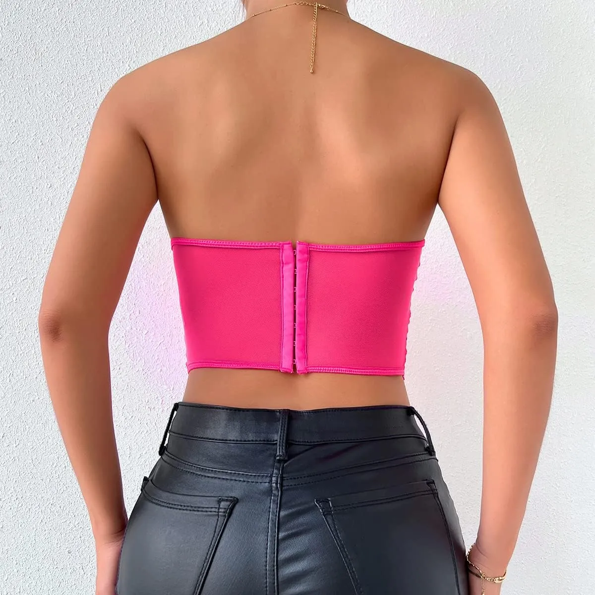 Women's Embroidered Floral Corset Crop Top Strapless Tube Top Boned Mesh Bustier Clubwear