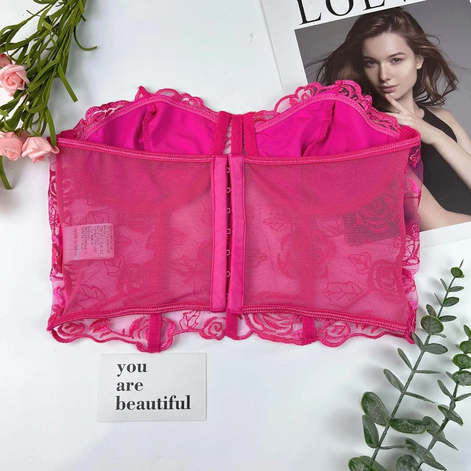 Women's Embroidered Floral Corset Crop Top Strapless Tube Top Boned Mesh Bustier Clubwear