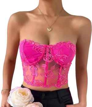 Women's Embroidered Floral Corset Crop Top Strapless Tube Top Boned Mesh Bustier Clubwear