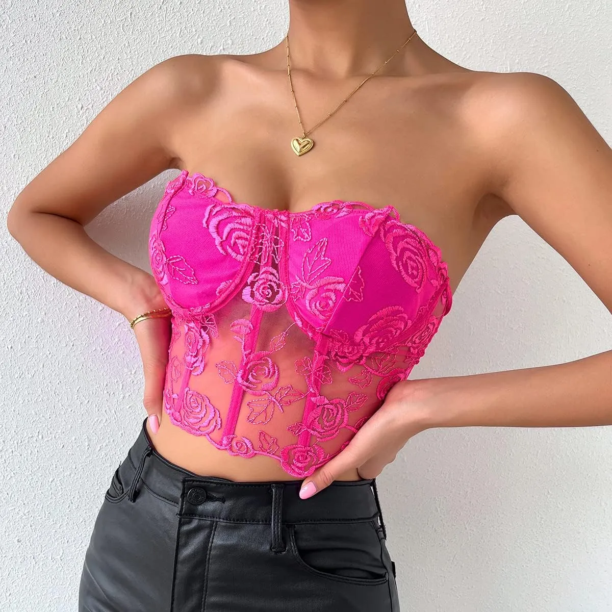 Women's Embroidered Floral Corset Crop Top Strapless Tube Top Boned Mesh Bustier Clubwear