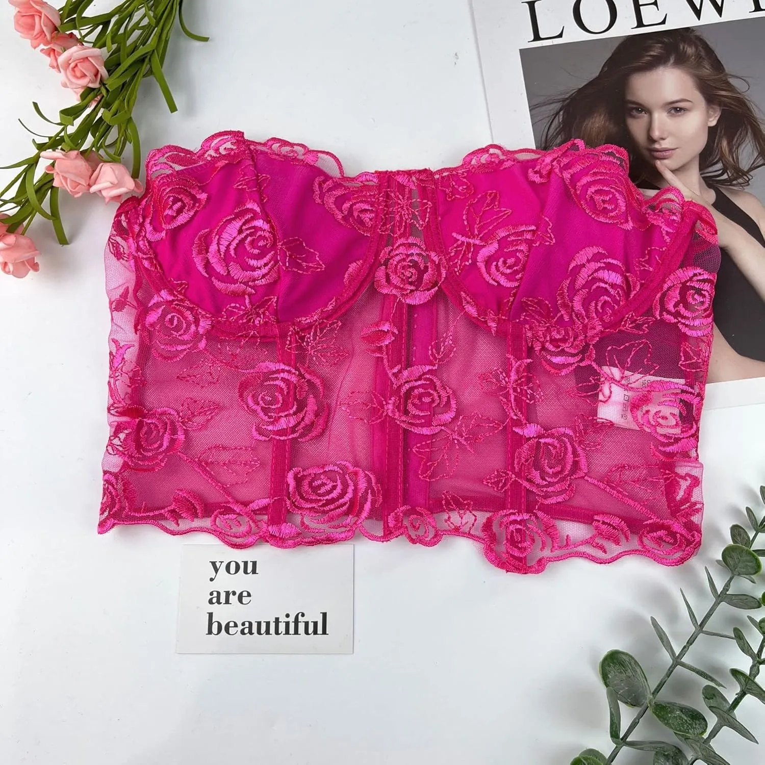 Women's Embroidered Floral Corset Crop Top Strapless Tube Top Boned Mesh Bustier Clubwear