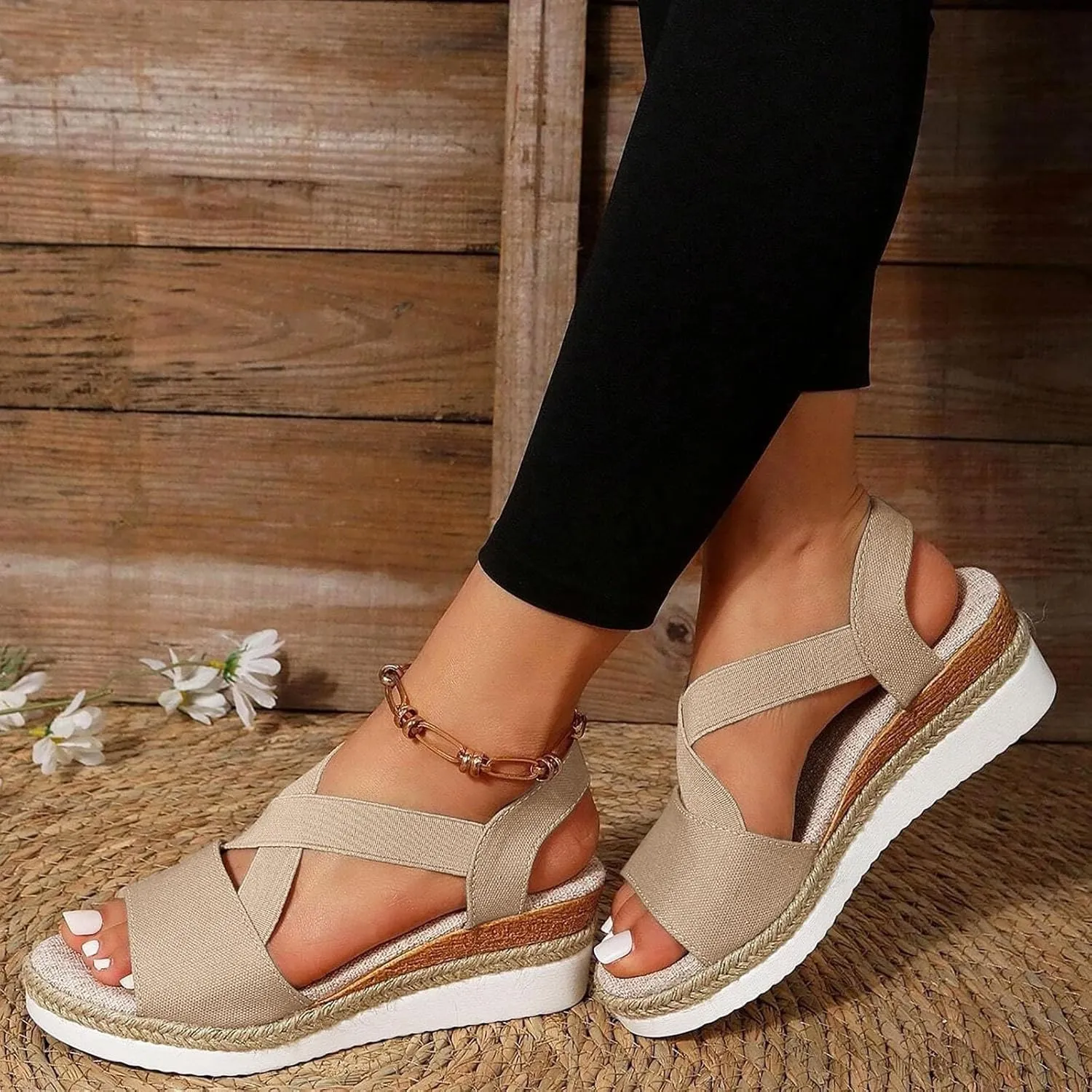 Women's Espadrille Wedge Sandals Open Toe Elastic Ankle Strap Platforms Slingback Comfortable Sandals Walking Shoes