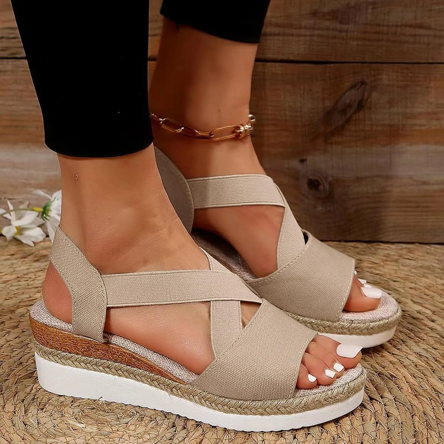 Women's Espadrille Wedge Sandals Open Toe Elastic Ankle Strap Platforms Slingback Comfortable Sandals Walking Shoes