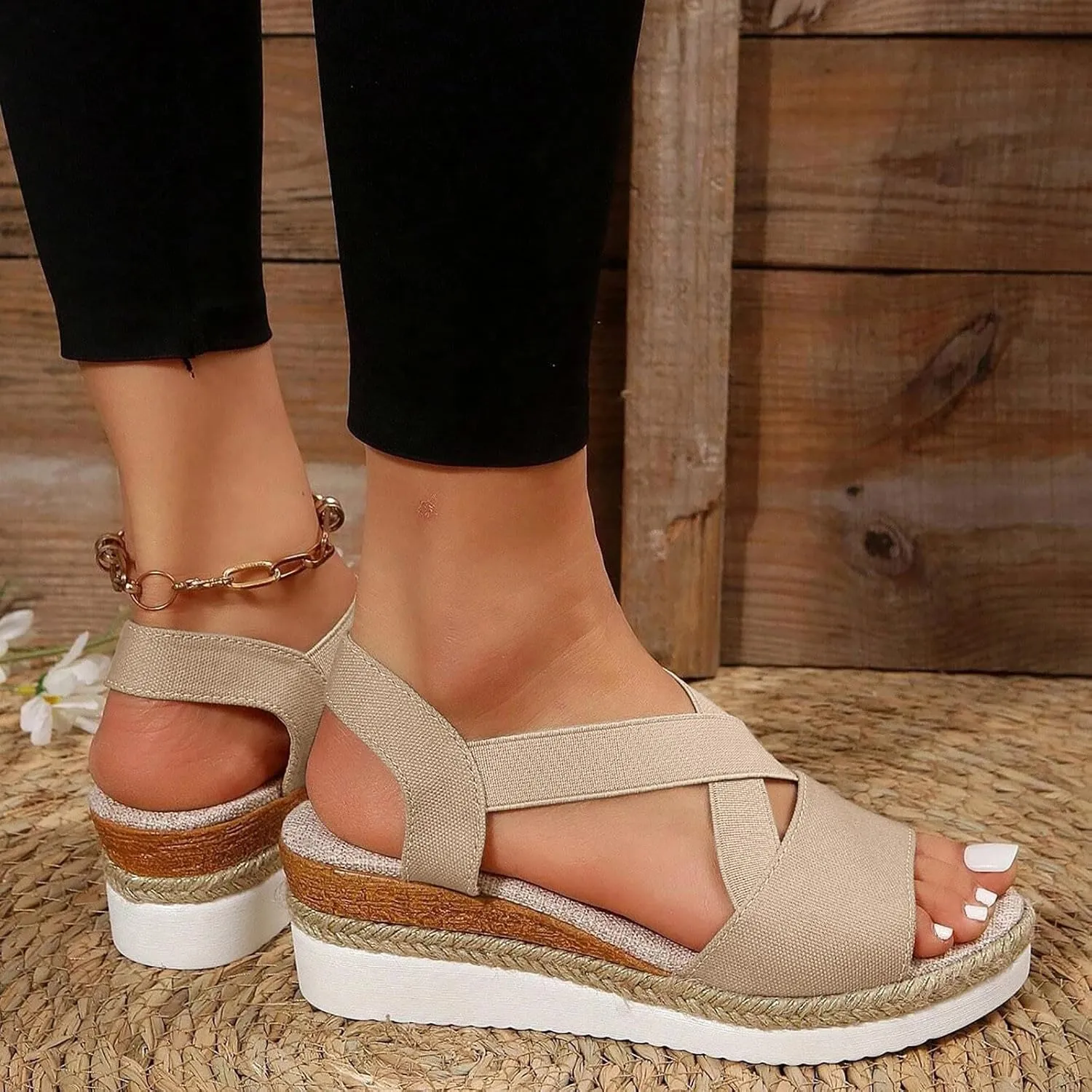 Women's Espadrille Wedge Sandals Open Toe Elastic Ankle Strap Platforms Slingback Comfortable Sandals Walking Shoes