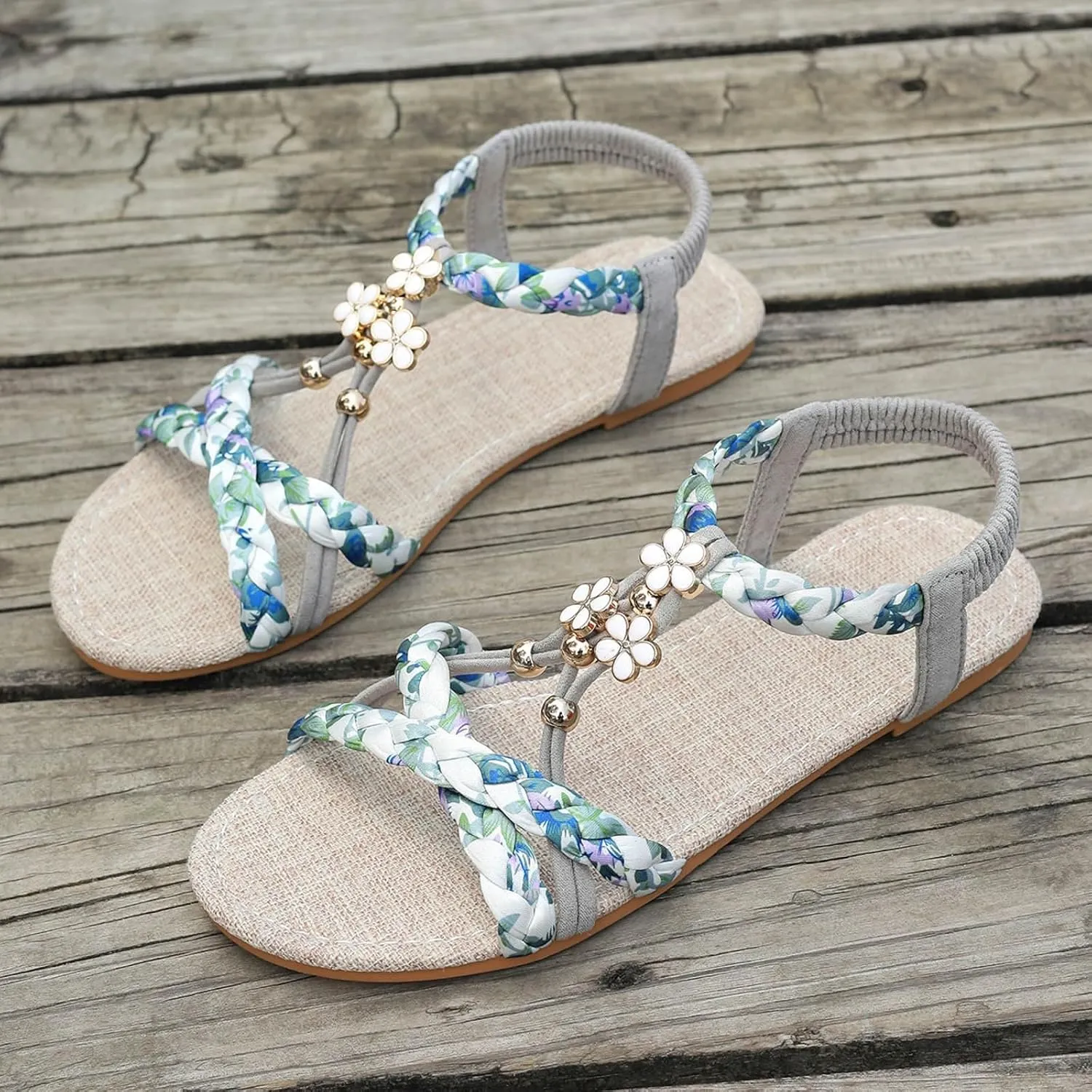 Womens Flat Sandals Ankle Strap Boho Sandals for Women 2025 Dressy Slip on Comfortable Bohemian Beaded Summer Thong Flats