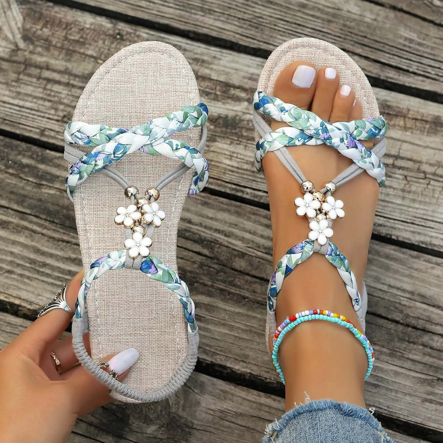 Womens Flat Sandals Ankle Strap Boho Sandals for Women 2025 Dressy Slip on Comfortable Bohemian Beaded Summer Thong Flats