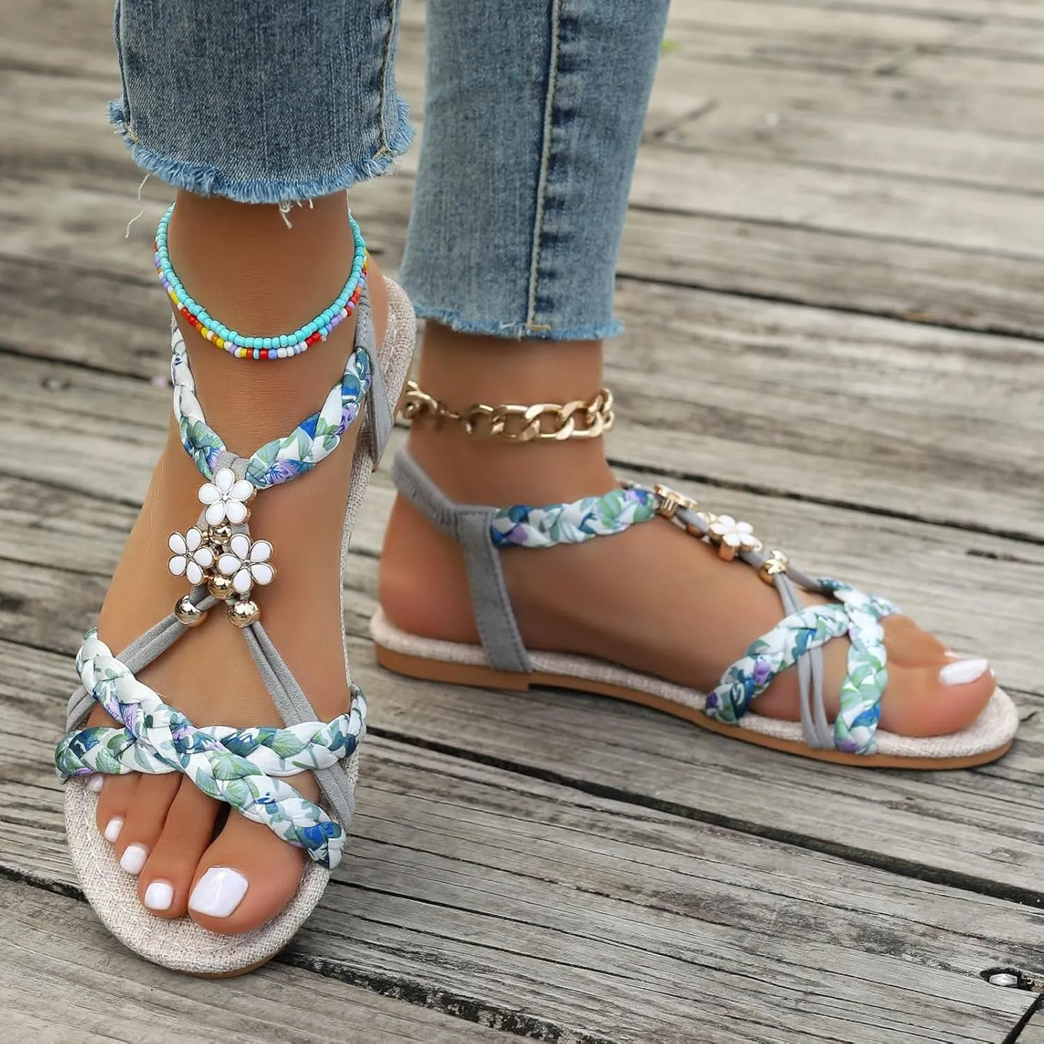 Womens Flat Sandals Ankle Strap Boho Sandals for Women 2025 Dressy Slip on Comfortable Bohemian Beaded Summer Thong Flats