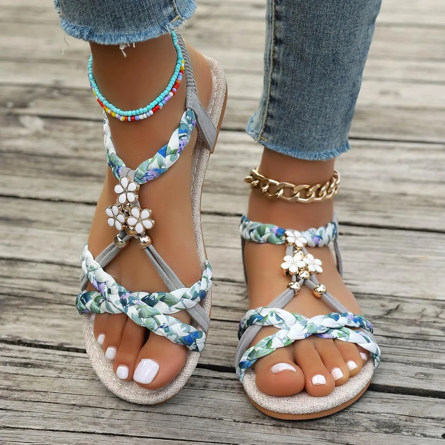 Womens Flat Sandals Ankle Strap Boho Sandals for Women 2025 Dressy Slip on Comfortable Bohemian Beaded Summer Thong Flats
