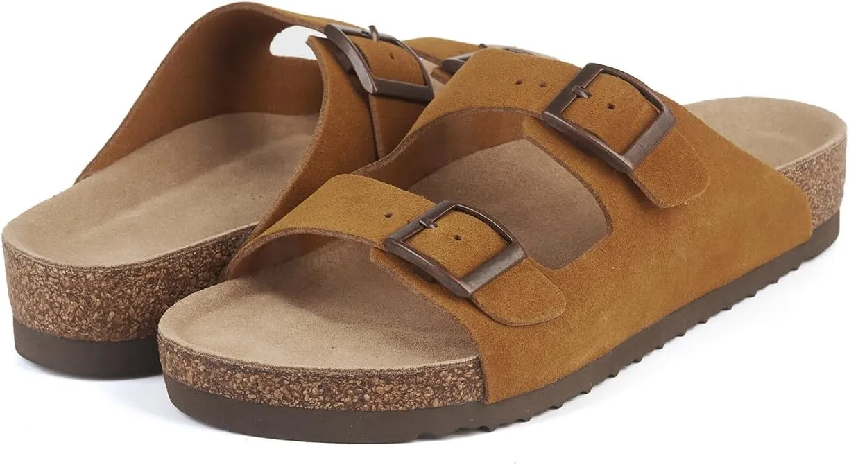 Women's Flat Sandals Cork Footbed 2 Straps Slide Sandal with Adjustable Buckle Slip on Slippers