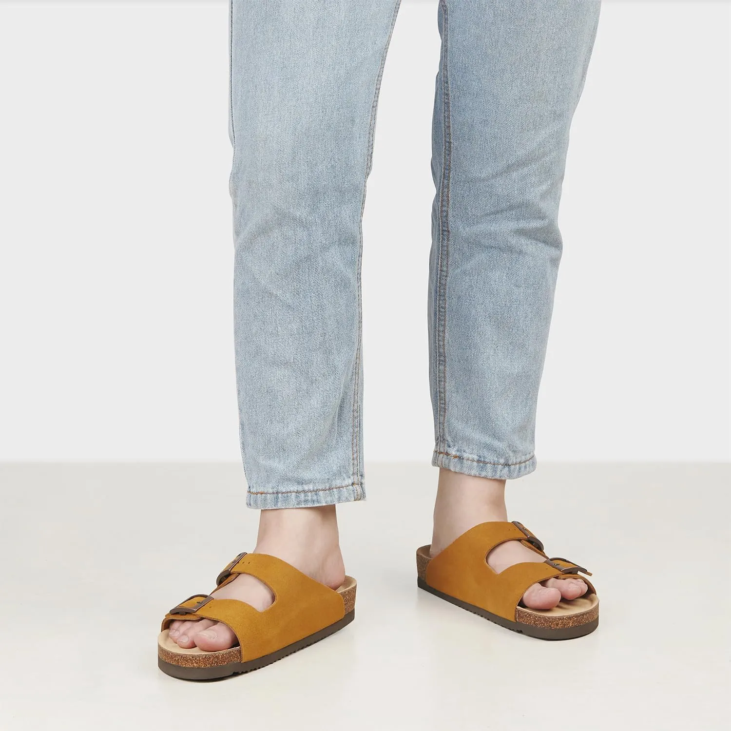 Women's Flat Sandals Cork Footbed 2 Straps Slide Sandal with Adjustable Buckle Slip on Slippers