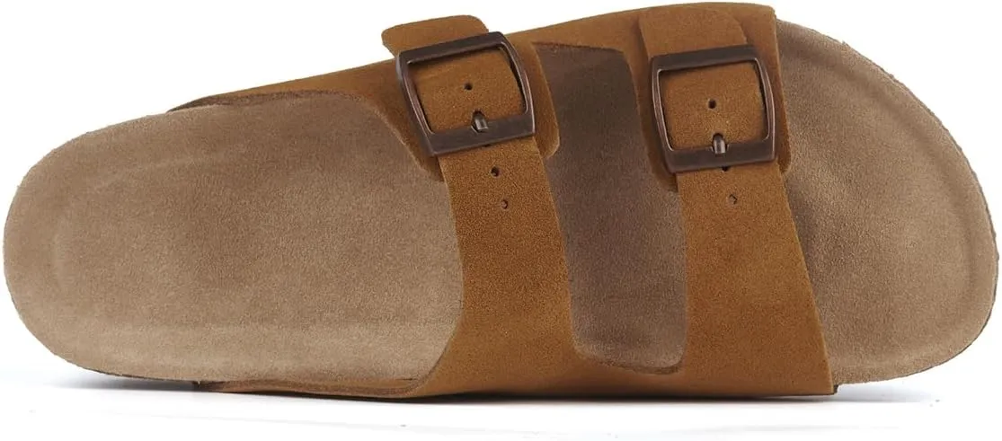 Women's Flat Sandals Cork Footbed 2 Straps Slide Sandal with Adjustable Buckle Slip on Slippers