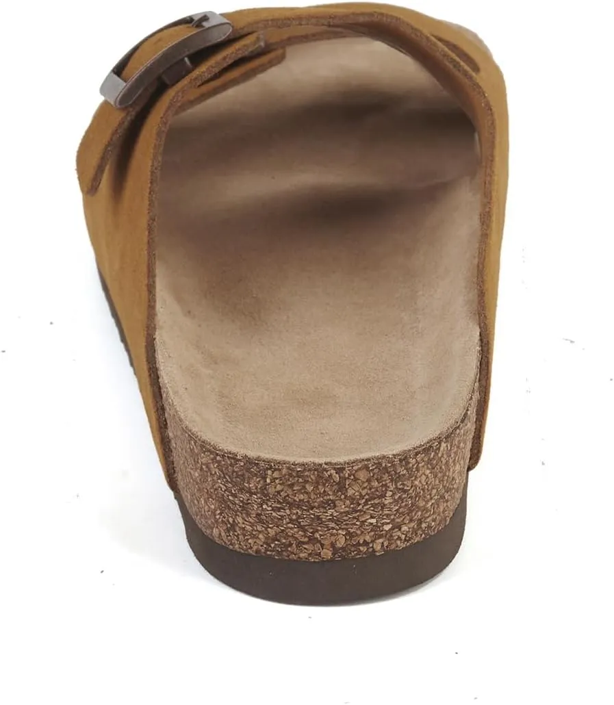 Women's Flat Sandals Cork Footbed 2 Straps Slide Sandal with Adjustable Buckle Slip on Slippers