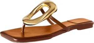 Womens Flat Sandals Summer Square Toe Thong Sandals Beach Comfort Open Toe Slipper Slip on Flat with Metal Decoration