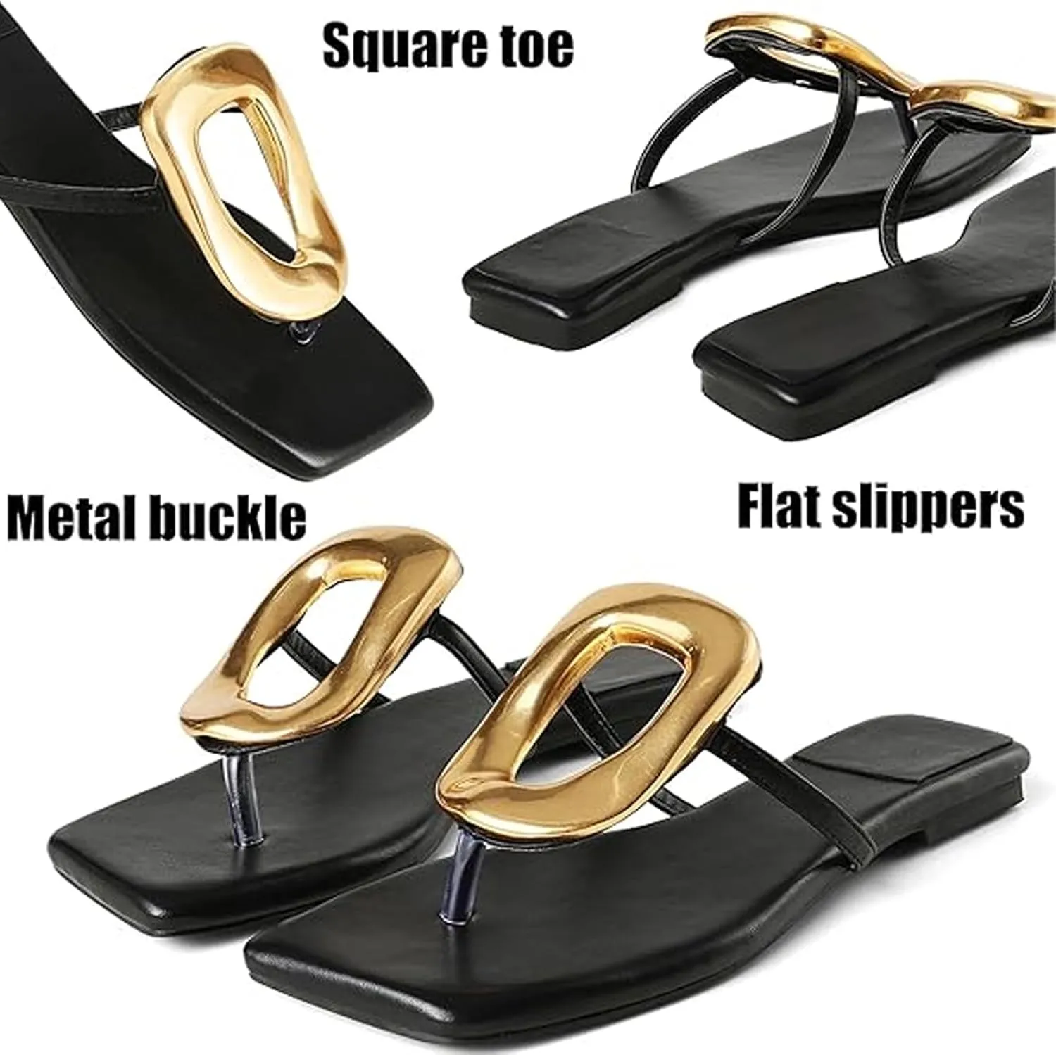 Womens Flat Sandals Summer Square Toe Thong Sandals Beach Comfort Open Toe Slipper Slip on Flat with Metal Decoration
