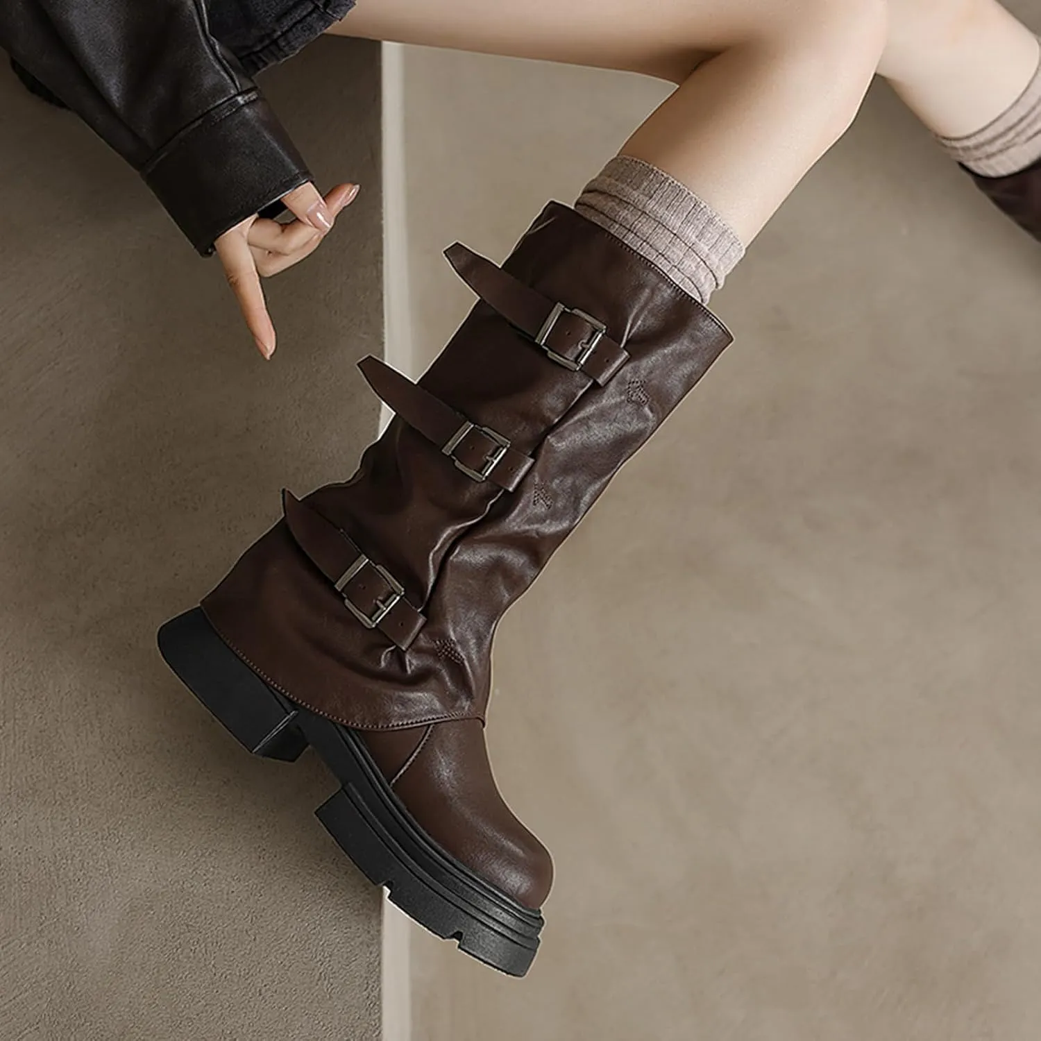 Women's Goth Platform Riding Boots Pull On Buckle Boots Fold Knee High Boots Chunky Block Heel Gothic Moto Boots