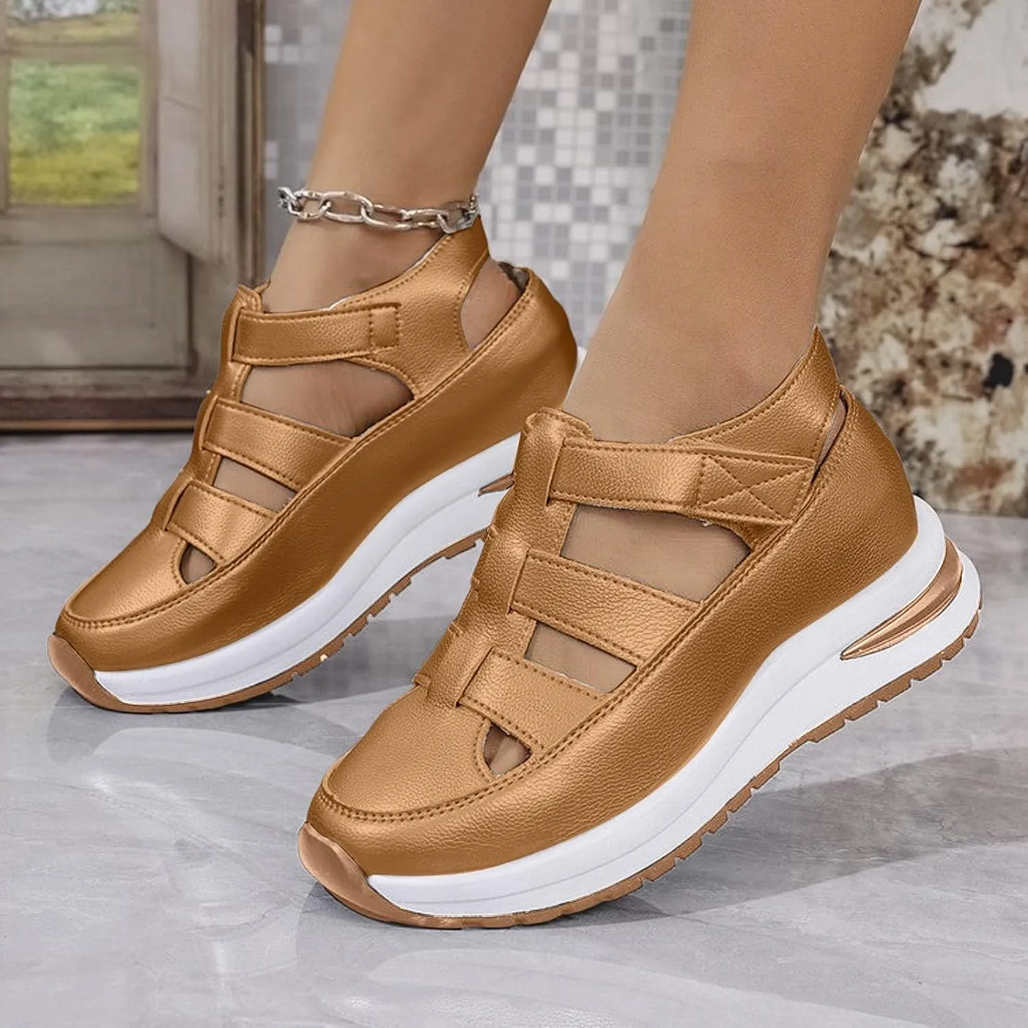 Women's Hollow Out Breathable Platform Wedge Sandals Sneakers Soft Thick Sole Closed Toe Ankle Buckle Strap Sandals Comfortable Lightweight Casual Walking Athletic Shoes Outdoor Going Out Footwear