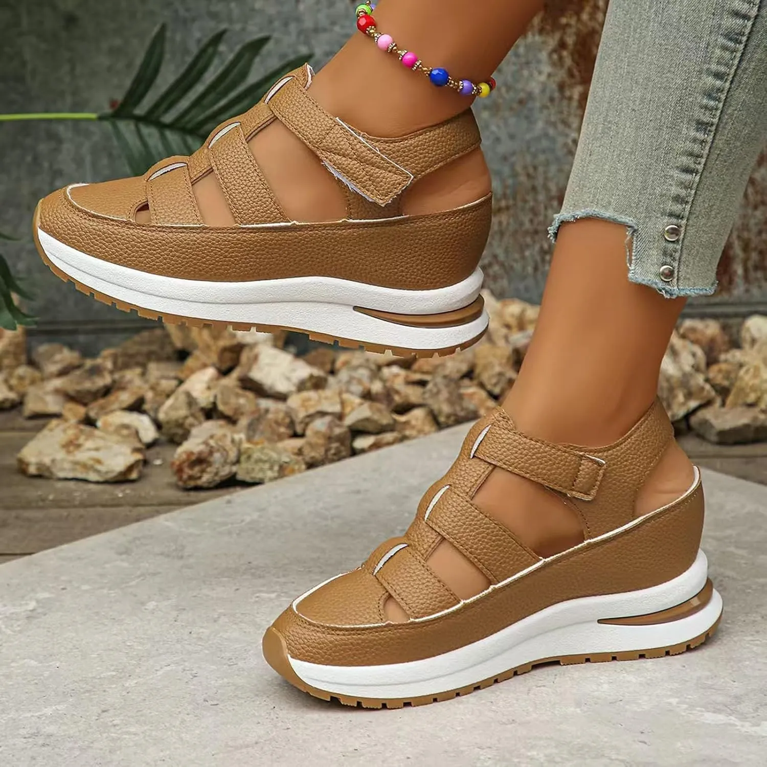 Women's Hollow Out Breathable Platform Wedge Sandals Sneakers Soft Thick Sole Closed Toe Ankle Buckle Strap Sandals Comfortable Lightweight Casual Walking Athletic Shoes Outdoor Going Out Footwear