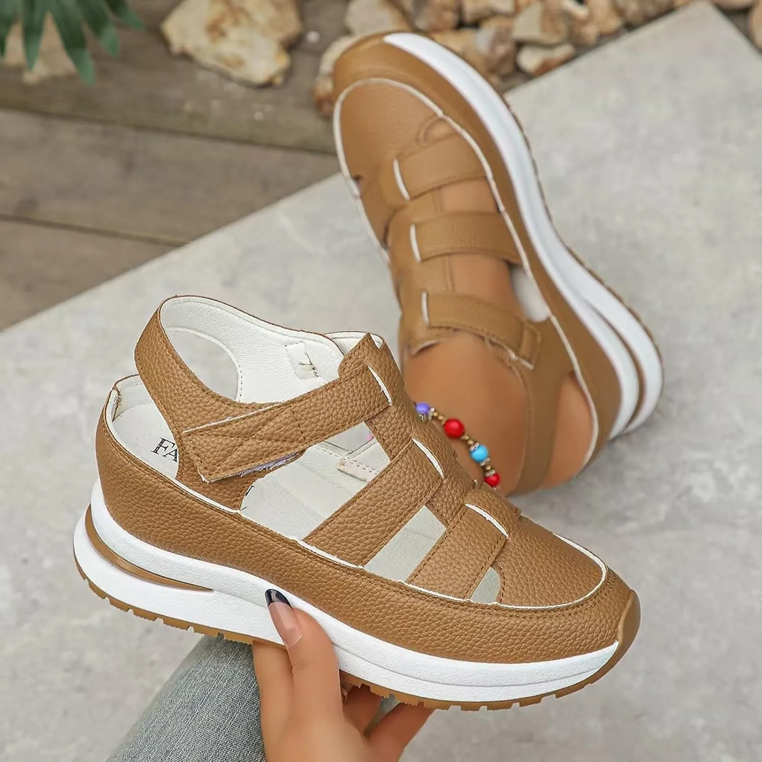 Women's Hollow Out Breathable Platform Wedge Sandals Sneakers Soft Thick Sole Closed Toe Ankle Buckle Strap Sandals Comfortable Lightweight Casual Walking Athletic Shoes Outdoor Going Out Footwear