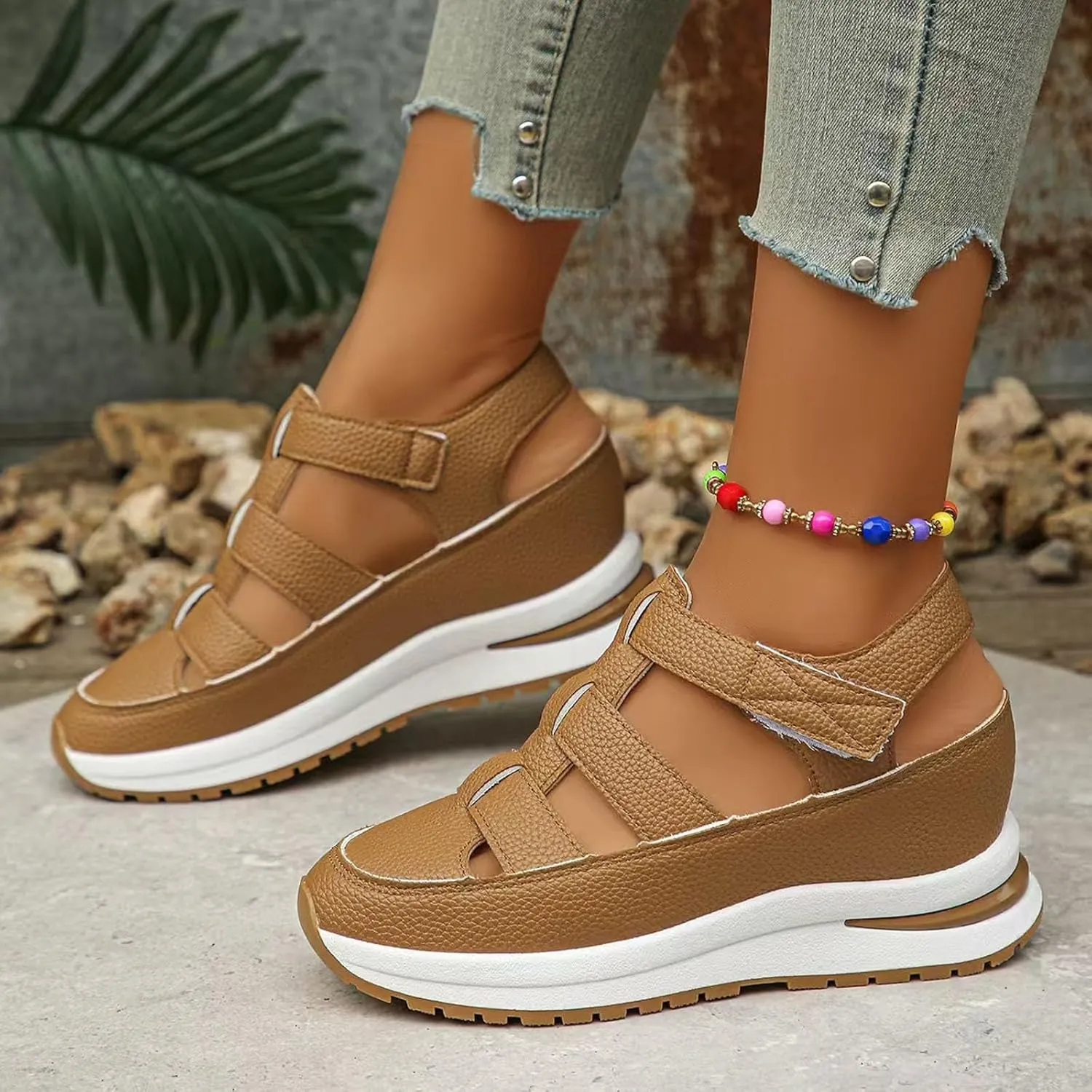 Women's Hollow Out Breathable Platform Wedge Sandals Sneakers Soft Thick Sole Closed Toe Ankle Buckle Strap Sandals Comfortable Lightweight Casual Walking Athletic Shoes Outdoor Going Out Footwear