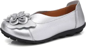 Women's Leather Slip On Loafers Vintage Cute Bow Flower Comfy Non-Slip Softsole Walking Casual Pumps Work Flats Shoes Driving Office Flowers Round Toe Soft Bottom Lightweight Nurse Loafers