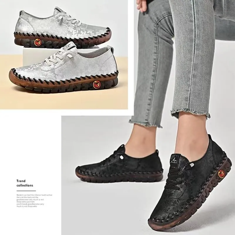 Women's Leather Soft Bottom Flat Slip-on Loafers Fashion Handmade Floral Embroidery Walking Shoes Comfort Orthopedic 4D Pain Relief Casual Shoes