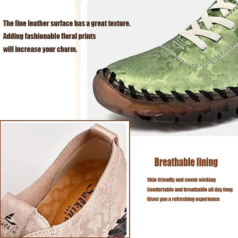 Women's Leather Soft Bottom Flat Slip-on Loafers Fashion Handmade Floral Embroidery Walking Shoes Comfort Orthopedic 4D Pain Relief Casual Shoes