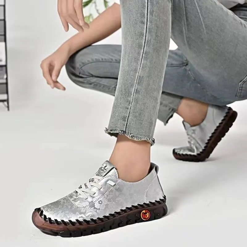 Women's Leather Soft Bottom Flat Slip-on Loafers Fashion Handmade Floral Embroidery Walking Shoes Comfort Orthopedic 4D Pain Relief Casual Shoes