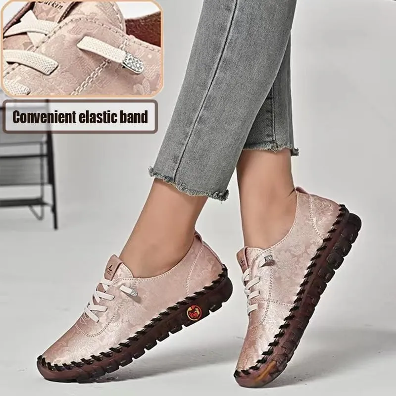 Women's Leather Soft Bottom Flat Slip-on Loafers Fashion Handmade Floral Embroidery Walking Shoes Comfort Orthopedic 4D Pain Relief Casual Shoes