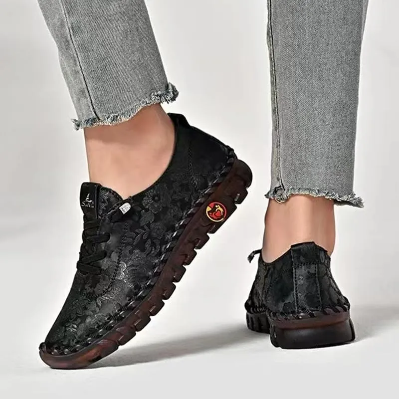 Women's Leather Soft Bottom Flat Slip-on Loafers Fashion Handmade Floral Embroidery Walking Shoes Comfort Orthopedic 4D Pain Relief Casual Shoes