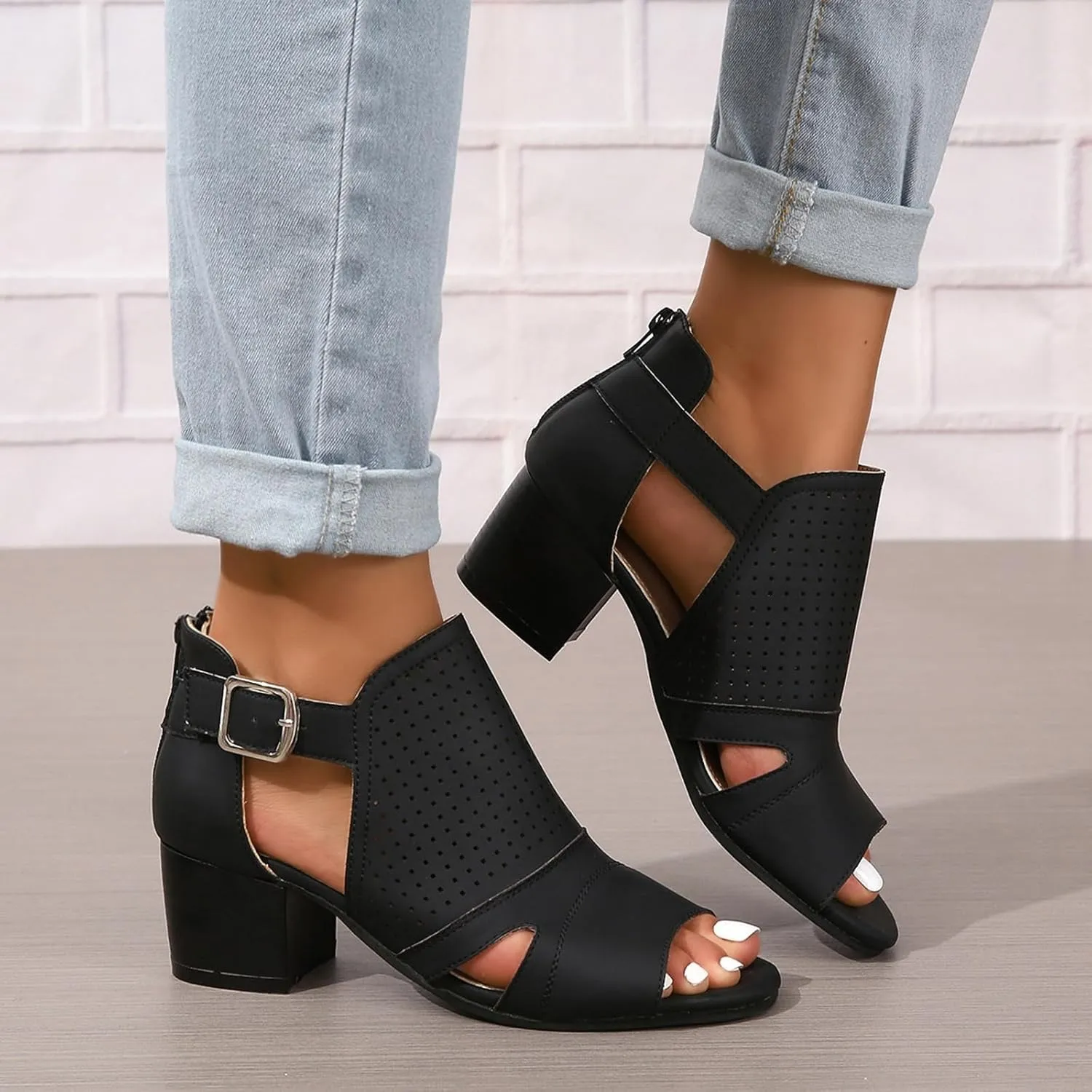 Women's Low Ankle Heel Bootie Cut Out Slip On Low Heel Short Chunky Stacked Heel Perforated Western Booties Cutout Shoes
