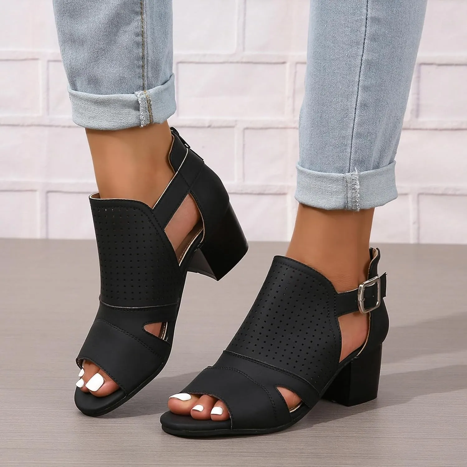 Women's Low Ankle Heel Bootie Cut Out Slip On Low Heel Short Chunky Stacked Heel Perforated Western Booties Cutout Shoes