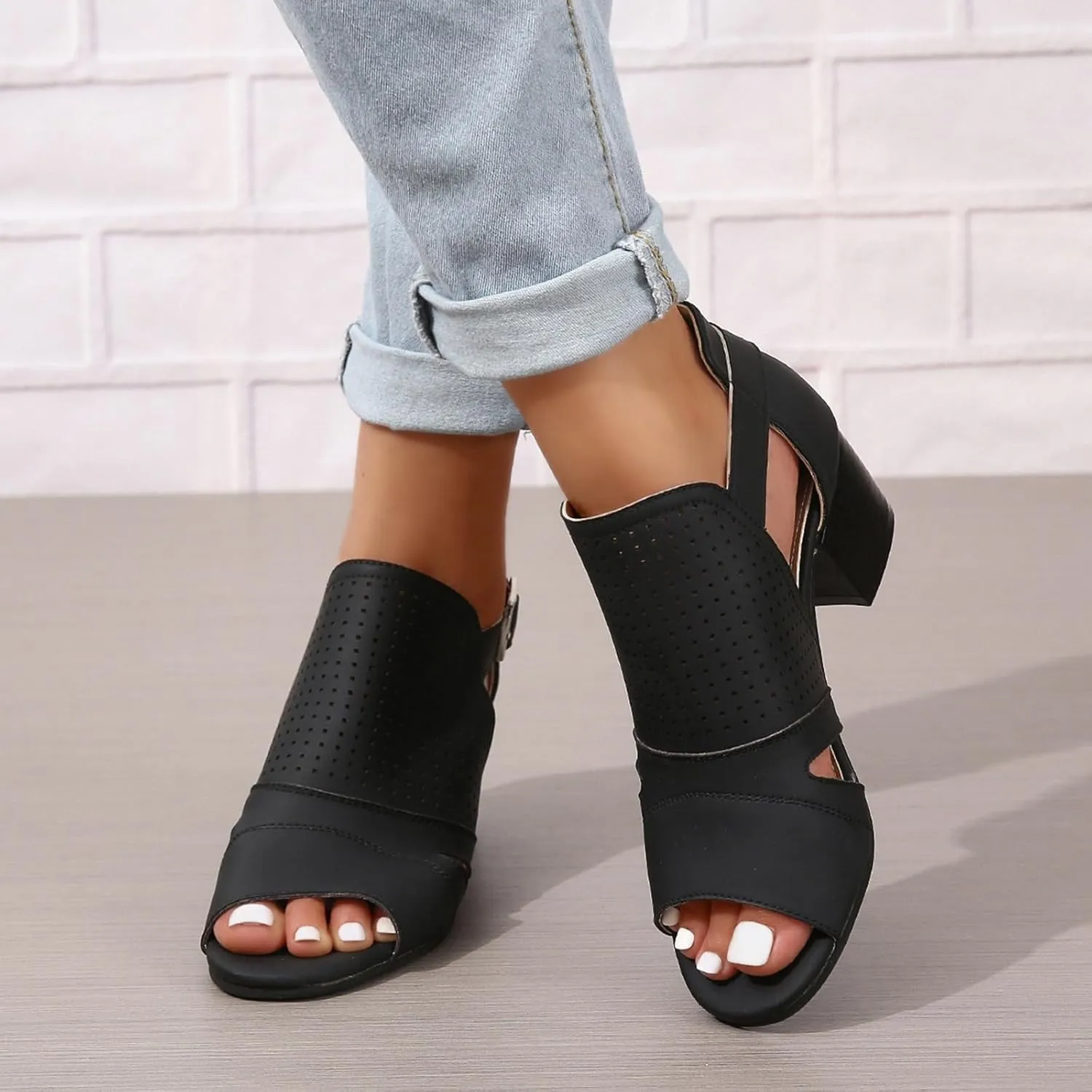Women's Low Ankle Heel Bootie Cut Out Slip On Low Heel Short Chunky Stacked Heel Perforated Western Booties Cutout Shoes