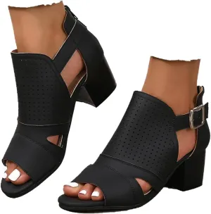 Women's Low Ankle Heel Bootie Cut Out Slip On Low Heel Short Chunky Stacked Heel Perforated Western Booties Cutout Shoes