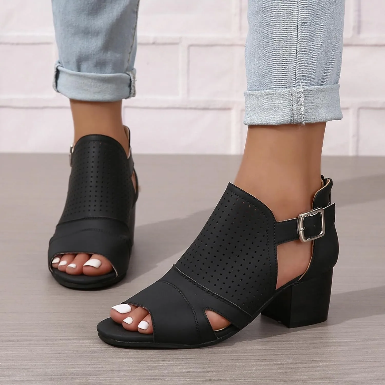 Women's Low Ankle Heel Bootie Cut Out Slip On Low Heel Short Chunky Stacked Heel Perforated Western Booties Cutout Shoes
