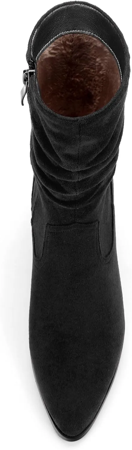 Women's Mid Calf Boots, Chunky Heel Pleated Calf Boots for Women, Fashion Pointed Toe Side Zipper Mid Heel Women's Boots,Women Shoes for Workpalce, Street and Banquet.