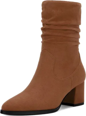 Women's Mid Calf Boots, Chunky Heel Pleated Calf Boots for Women, Fashion Pointed Toe Side Zipper Mid Heel Women's Boots,Women Shoes for Workpalce, Street and Banquet.