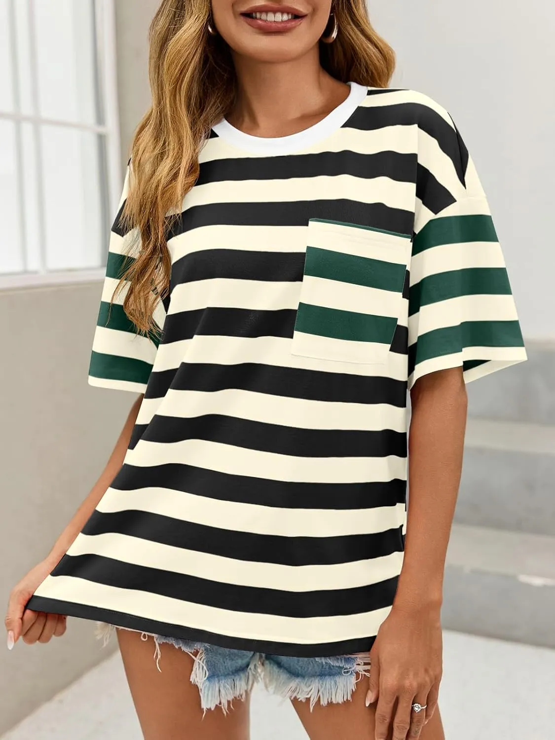 Womens Oversized Color Block Striped Tshirts Summer Casual Short Sleeve Tops Loose Fit Crew Neck Shirts