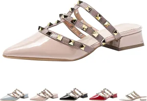 Women's Patent Leather Closed Pointed Toe Rivet Heeled Sandals Fashion Rivet Slip-on Sexy Backless Slides Summer Sandals Work Party Dress Slippers