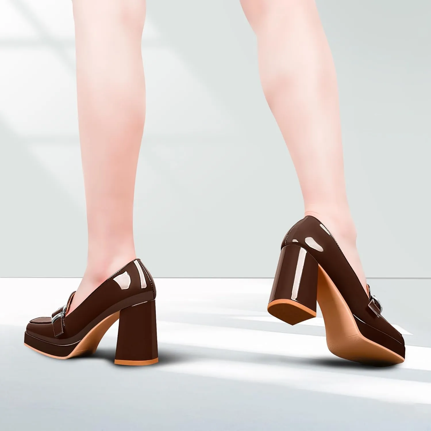 Women's Platform Chunky High Heel Loafers Patent Leather Buckle Pumps Office Dress Shoes