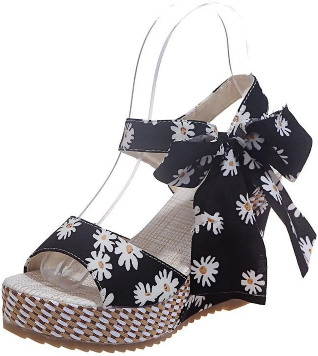 Womens Platform Espadrille Wedges Open Toe High Heel Floral Printed Slingback with Ankle Strap Bowknot Sandals Bow Dress Shoes Tie Lace Up Summer Sandal Wedding Dressy Beach Going Out Trendy Sandal