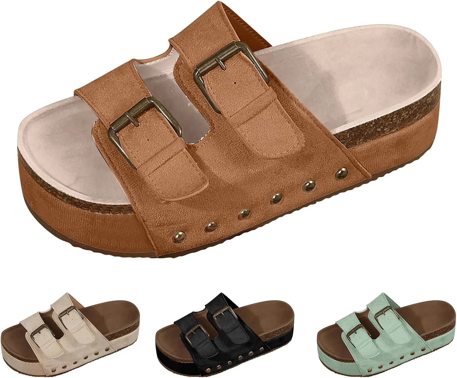 Women's Platform Slides Sandals,Comfortable Chunky Platform Slides for Women Double Buckle Adjustable Open Toe Slip On Summer Sandals