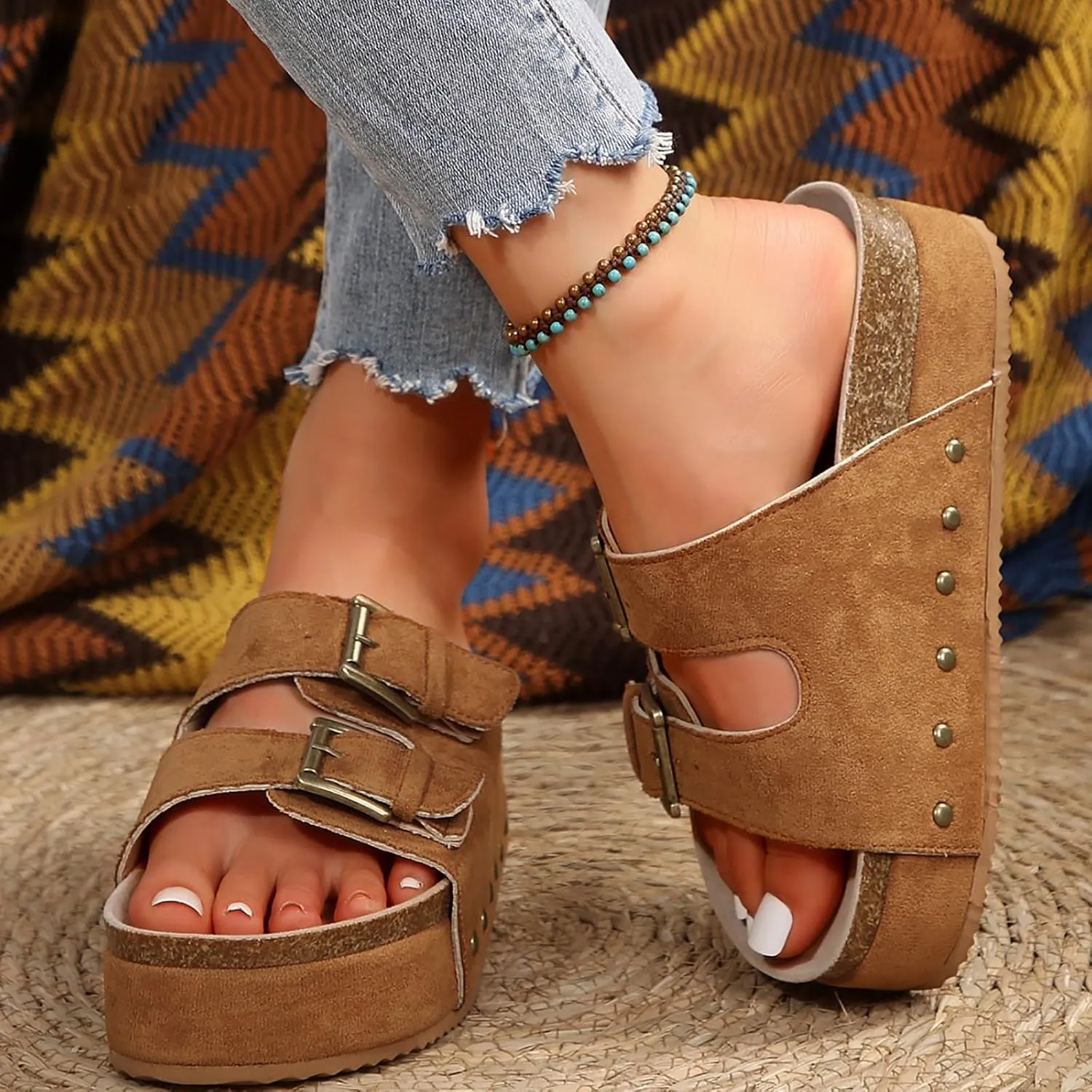 Women's Platform Slides Sandals,Comfortable Chunky Platform Slides for Women Double Buckle Adjustable Open Toe Slip On Summer Sandals