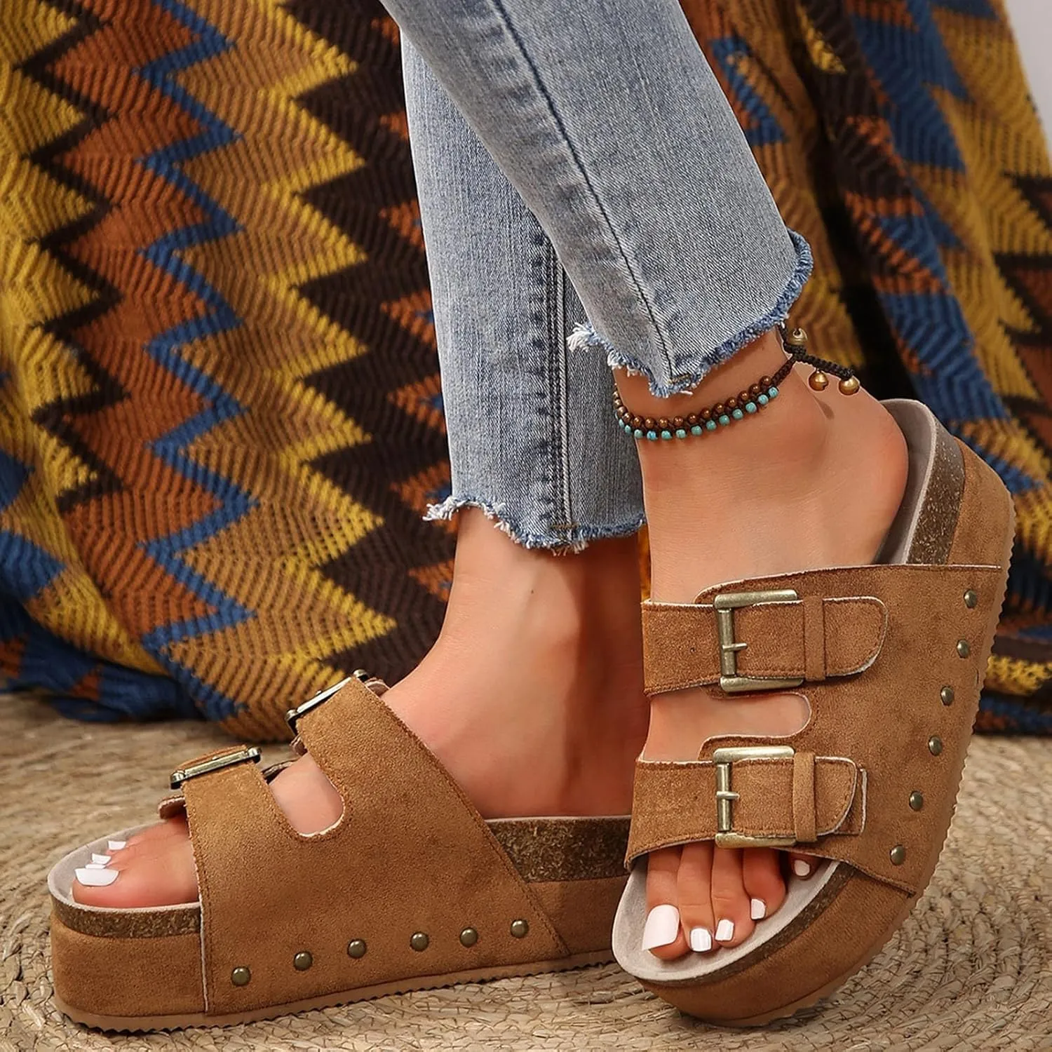 Women's Platform Slides Sandals,Comfortable Chunky Platform Slides for Women Double Buckle Adjustable Open Toe Slip On Summer Sandals