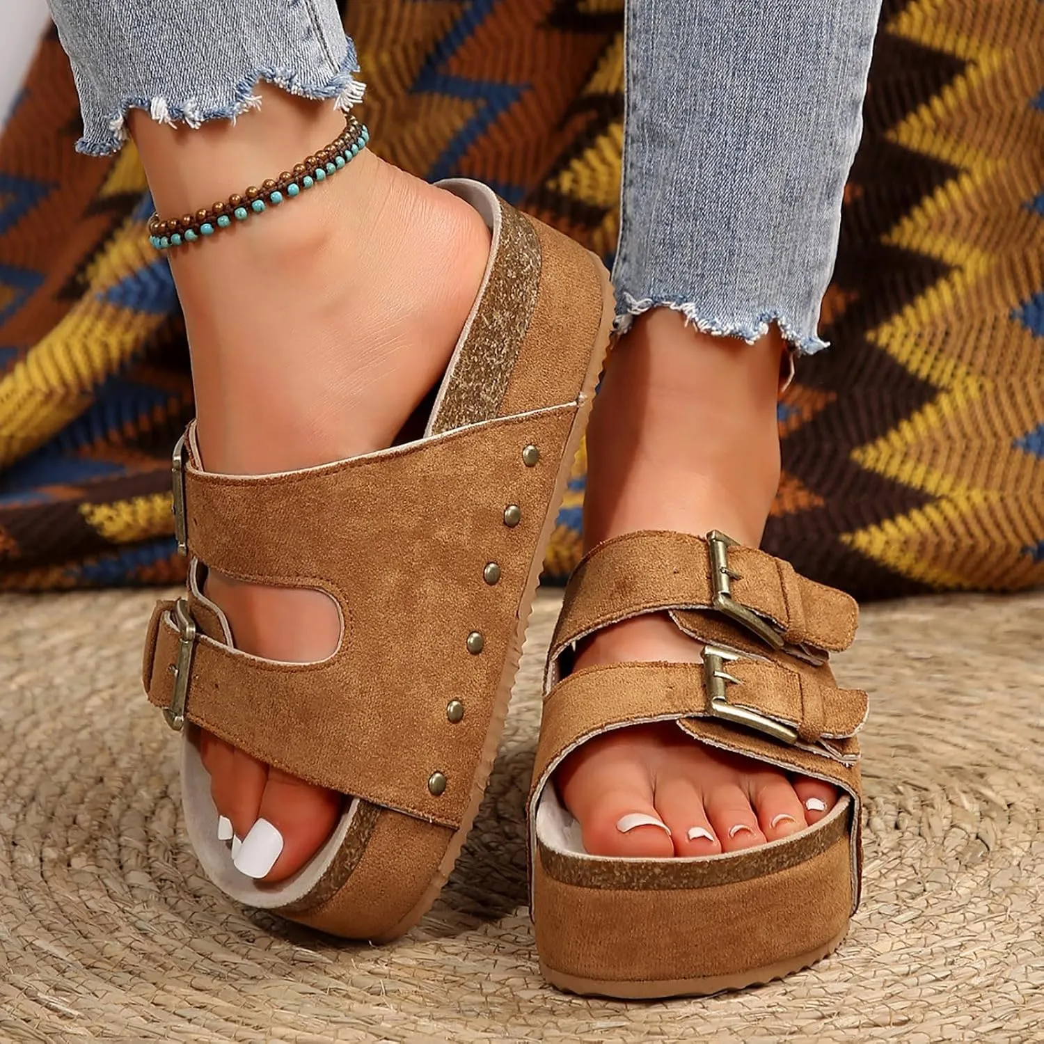 Women's Platform Slides Sandals,Comfortable Chunky Platform Slides for Women Double Buckle Adjustable Open Toe Slip On Summer Sandals