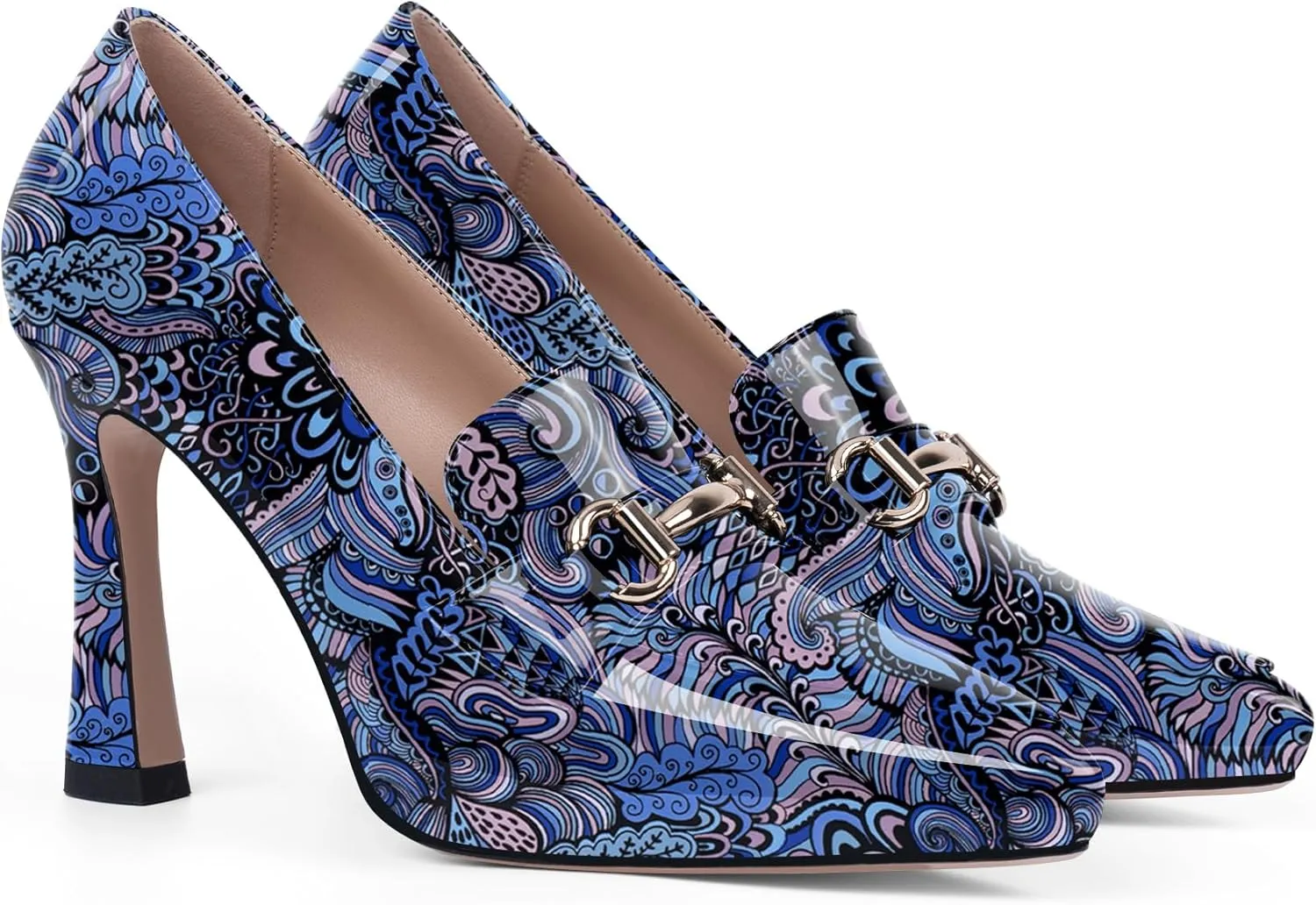 Women's Pointed Toe High Heel Pumps Comfortable Slip On Patent Leather Platform Loafers Metal Decoration Office Dressy Casual Shoes